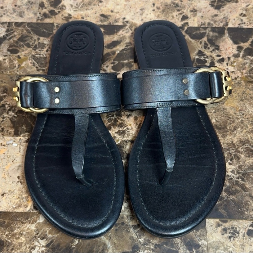 Tory Burch Marsden Black Flat Thong Sandals Gold Buckle